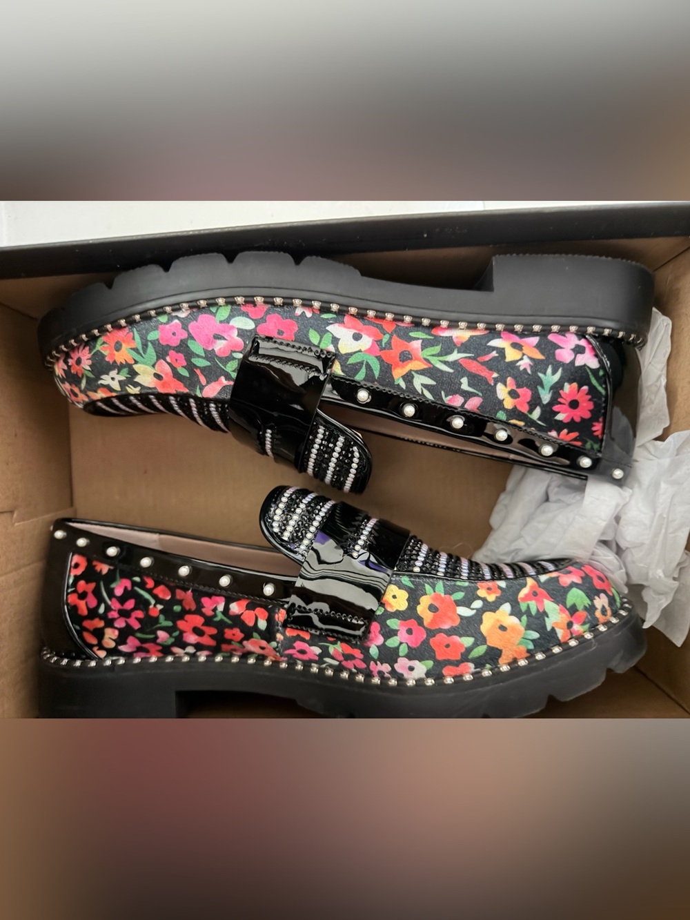 Betsey Johnson Black Floral Platform Loafers with Patent Trim